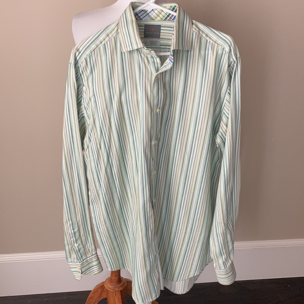 Thomas Dean Green Striped Shirt View 3